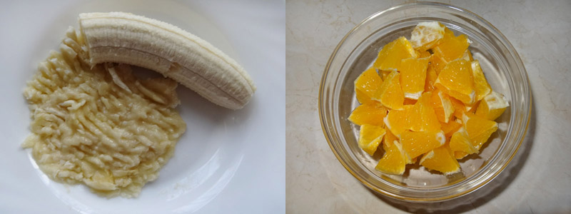 Owsianka z owocami gotowana na wodzie banany i pomarańcze